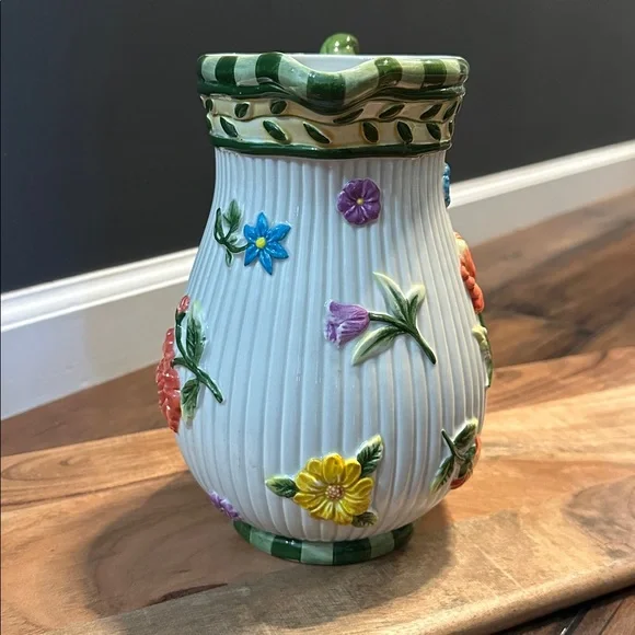 Floral Ceramic Pitcher with Green Handle, NWOTB - Picture 2 of 7